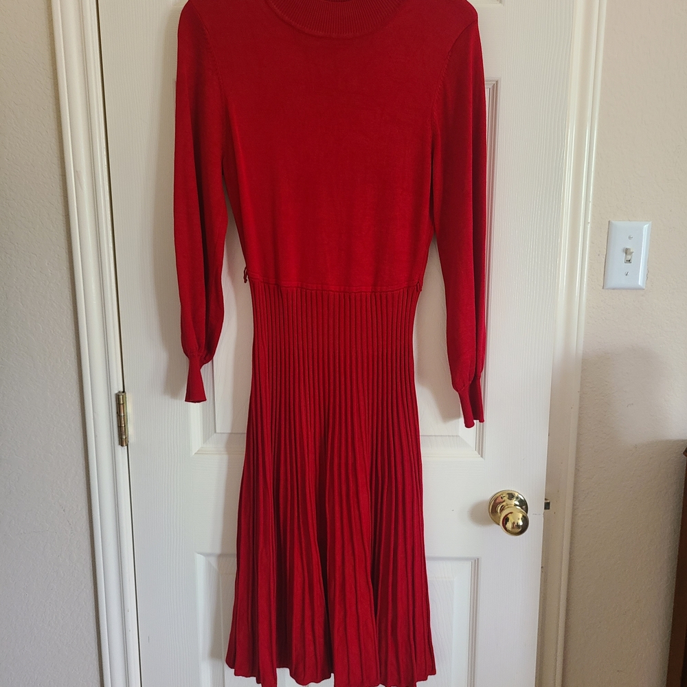 Nina Leonard Red Long Sleeve Pleated Midi Dress